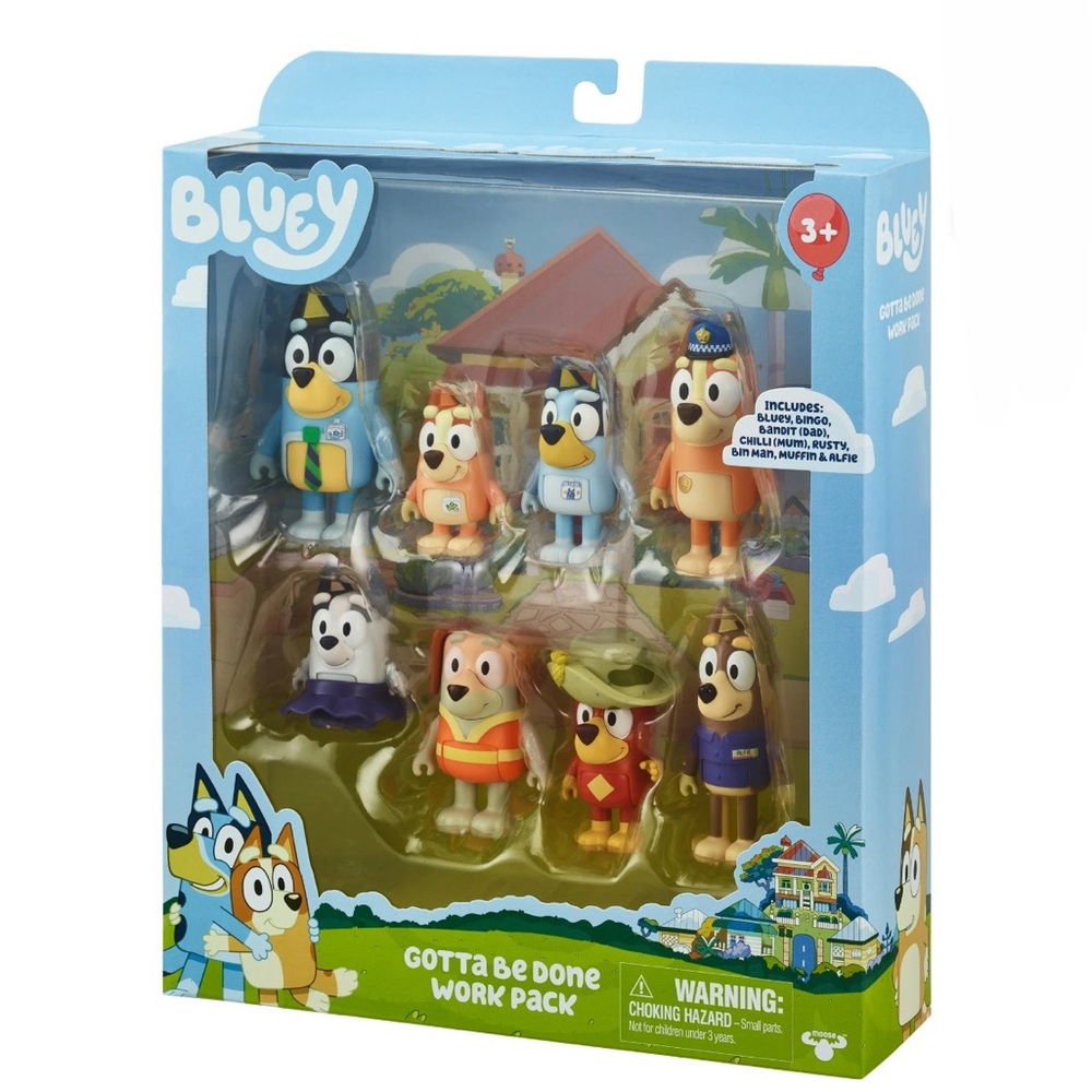 Bluey Figure 8 Pack Bluey, Bingo Bandit, Chilli, Rusty, Bin Man, Alfie, Muffin
